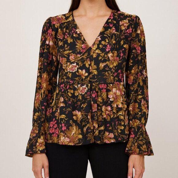 Anthropologie Button Front Peplum Hem Black Floral Ruffle Cuff Blouse Size Small - Picture 13 of 13